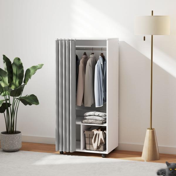Roupeiro com Rodas, Cortina, Barra de Pendurar e 2 Compartimentos para Quarto 60x40x128 cm Branco