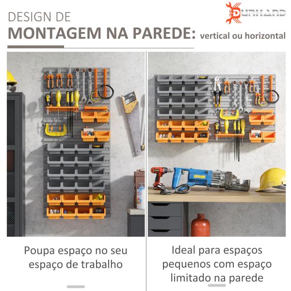 Prateleira de Parede Organizador de Ferramentas com 28 Caixas Empilháveis ​​e Ganchos 95,5x22,5x53,5 cm Cinza e Laranja