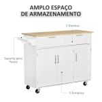 Carrinho de Cozinha com Rodas 2 Gavetas 3 Portas Prateleiras Ajustáveis e Barra para Sala de Jantar 121x46x91 cm Branco