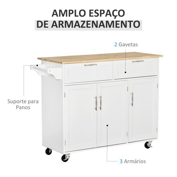 Carrinho de Cozinha com Rodas 2 Gavetas 3 Portas Prateleiras Ajustáveis e Barra para Sala de Jantar 121x46x91 cm Branco