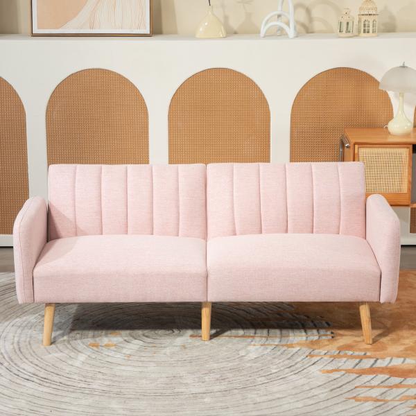 Sofá Cama de 2 Lugares com Encosto Ajustável em 3 Posições Apoio para os Braços e Pés de Madeira 173x75x73 cm Rosa