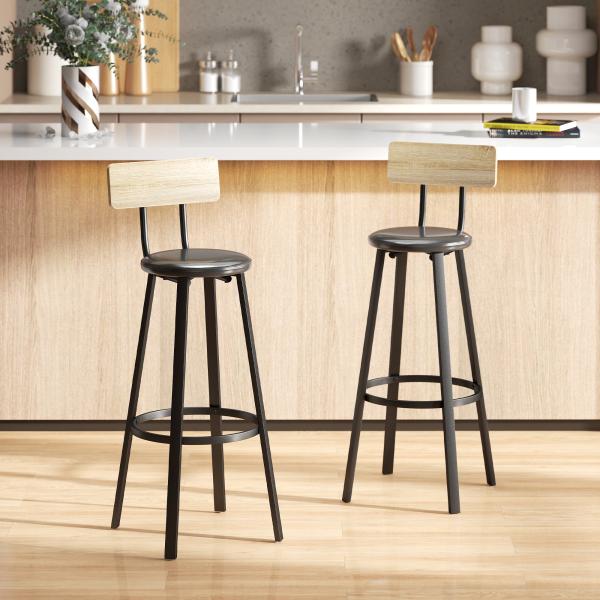 Conjunto de 2 Bancos de Bar Bancos Altos de Cozinha com Encosto e Apoio para Pés Estofados em PU Assento 41,5x36,5x99,5 cm Madeira e Preto