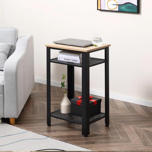 Mesa de Apoio Estilo Industrial com 2 Prateleiras de Grade de Metal e Pés Ajustáveis 45x35x75cm Carvalho e Branco