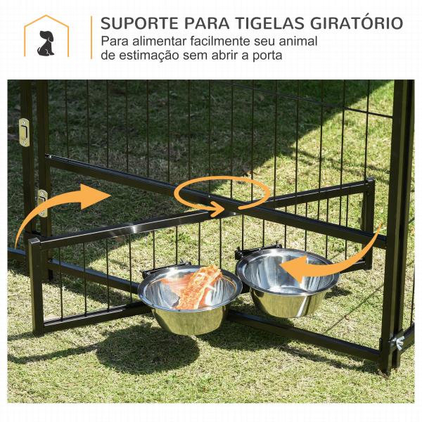 Parque para Cães com Toldo com Suporte Giratório para Comida 2 Tigelas Incluídas 141x141x151 cm Preto Marrom