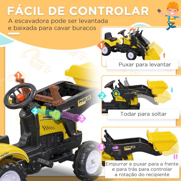 Trator a Pedal para Crianças acima de 3 Anos Trator Escavadora Infantil com Pá Dianteira 114x41x52 cm Amarelo e Preto