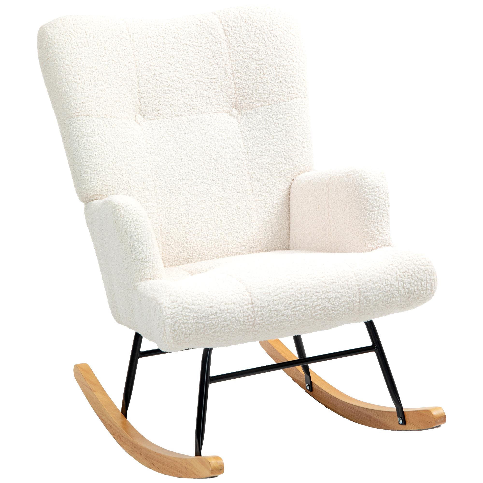 Poltrona Baloiço em Borrego Poltrona para Amamentação com Encosto Capitonê e Base de Madeira 65x88x87 cm Creme