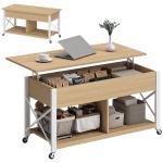 Mesa de Centro Elevatória com Rodas Compartimento Oculto e Prateleiras Abertas 105x50x67 cm Madeira e Branco