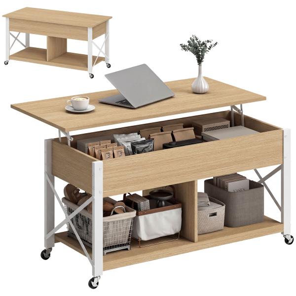 Mesa de Centro Elevatória com Rodas Compartimento Oculto e Prateleiras Abertas 105x50x67 cm Madeira e Branco