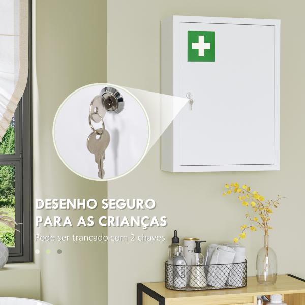 Armário de Parede para Medicamentos de Aço com 3 Prateleiras e 2 Chaves para Casa de Banho 40x15x53,5 cm Branco