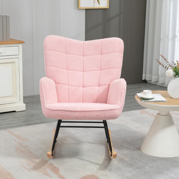 Poltrona Baloiço em Borrego com Oscilação de 40° Pés de Madeira de Faia e Estrutura de Aço 71x98x101 cm Rosa