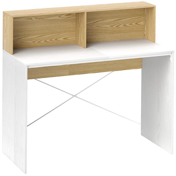Secretária 110x50x102,6 cm Mesa de Escritório com 2 Compartimentos Abertos e Prateleira Branco e Madeira