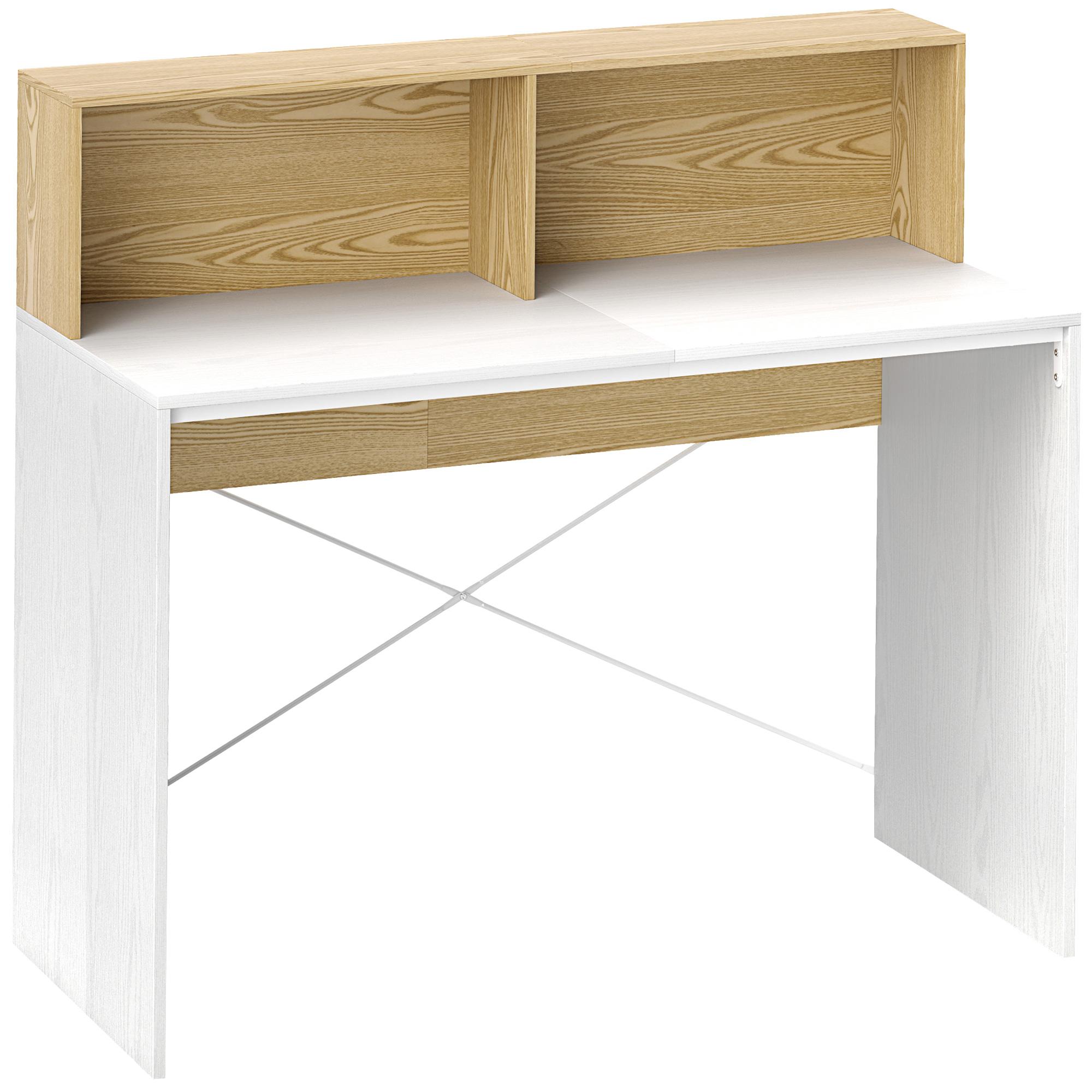 Secretária 110x50x102,6 cm Mesa de Escritório com 2 Compartimentos Abertos e Prateleira Branco e Madeira