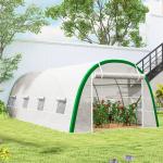 Estufa de Exterior 6x3x2 m Estufa de Túnel com Porta Enrolável 8 Janelas com Rede Cobertura PE 140g/m² Estrutura em Aço Branco