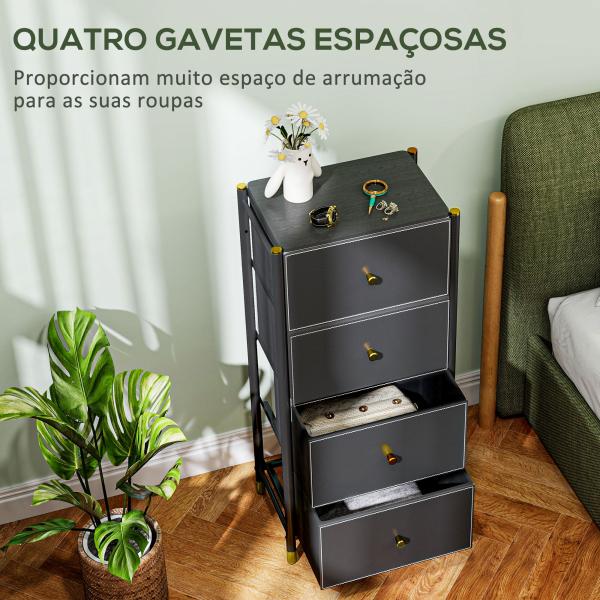 Cómoda para Dormitório Cómoda de Tecido com 4 Gavetas Dobráveis com Frentes de Couro PU 46x30x98 cm Preto