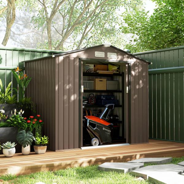 Abrigo de Jardim 213x130x185 cm Abrigo de Jardim Metálico de Exterior com 2 Portas Deslizantes e 4 Janelas Marrom