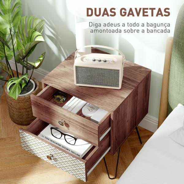 Mesa de Cabeceira com 2 Gavetas Pés de Aço Estilo Boémio Mesa de Cabeceira para Quarto Sala de Estar 45x39x55,5 cm Marrom