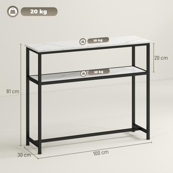 Mesa Consola Moderna Consola Estreita com Superfície com Efeito Mármore Prateleira Aberta e Estrutura de Metal 100x30x81 cm Branco