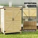 Armário de Jardim em Madeira com Teto de Metal, Prateleiras e Ganchos para Armazenamento de Ferramentas, 71,5x39x95 cm