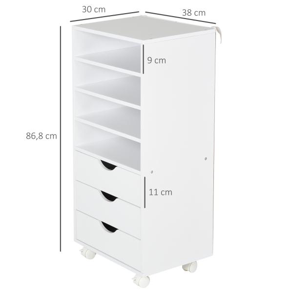 Móveis de escritório com 3 gavetas 4 prateleiras abertas 4 rodas 40x30x83 cm Branco