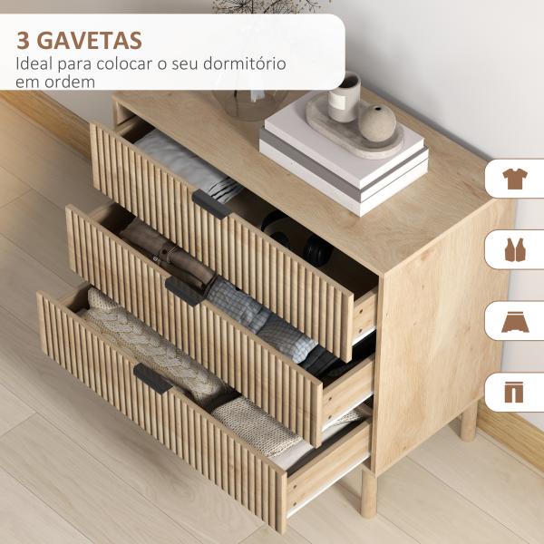Cómoda com 3 Gavetas Cómoda Dormitório Estilo Nórdico com Painéis Ripados e Puxadores Metálicos 80x40x77,5 cm Madeira