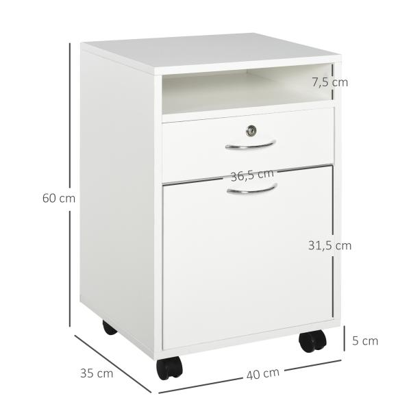 Bloco de Gavetas de Escritório com 4 Rodas Fechadura Prateleira Aberta e Armário 40x35x60 cm Branco