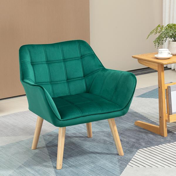 Poltrona Moderna de Sala Estofada em Veludo com Pés de Madeira Cadeira Relax para Sala de Estar Verde