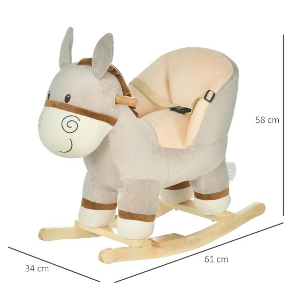 Baloiço Infantil em Forma de Burro para Bebés 18 - 36 Meses com Som Cinto de Segurança Apoio para os Pés 61x34x58 cm Cinza