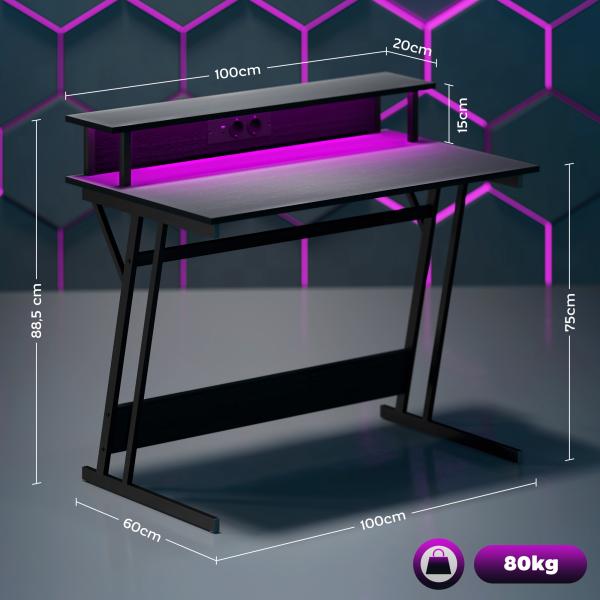 Secretária Gaming com Luzes LED 100x60 cm Tomadas de Corrente Suporte para Monitor Prateleiras e Comando Remoto Preto