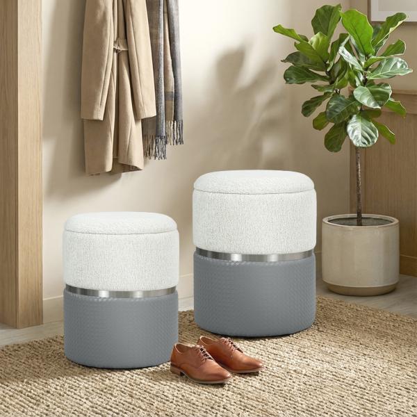 Conjunto de 2 Puffs de Arrumação Estofados em Chenille e PU Assento Acolchoado para Entrada Quarto Cinzento e Creme