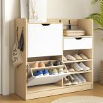 Sapateira Estreita com Prateleiras Ajustáveis Gaveta e 4 Ganchos para 14 Pares de Sapatos 93x30x90 cm Madeira e Branco