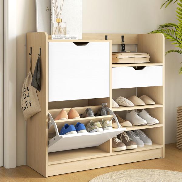 Sapateira Estreita com Prateleiras Ajustáveis Gaveta e 4 Ganchos para 14 Pares de Sapatos 93x30x90 cm Madeira e Branco