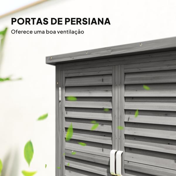 Armário de Armazenamento de Madeira para Jardim com 2 Prateleiras Interiores 2 Portas e Teto Inclinado para Exterior Terraço 87x46,5x96,5cm Cinza
