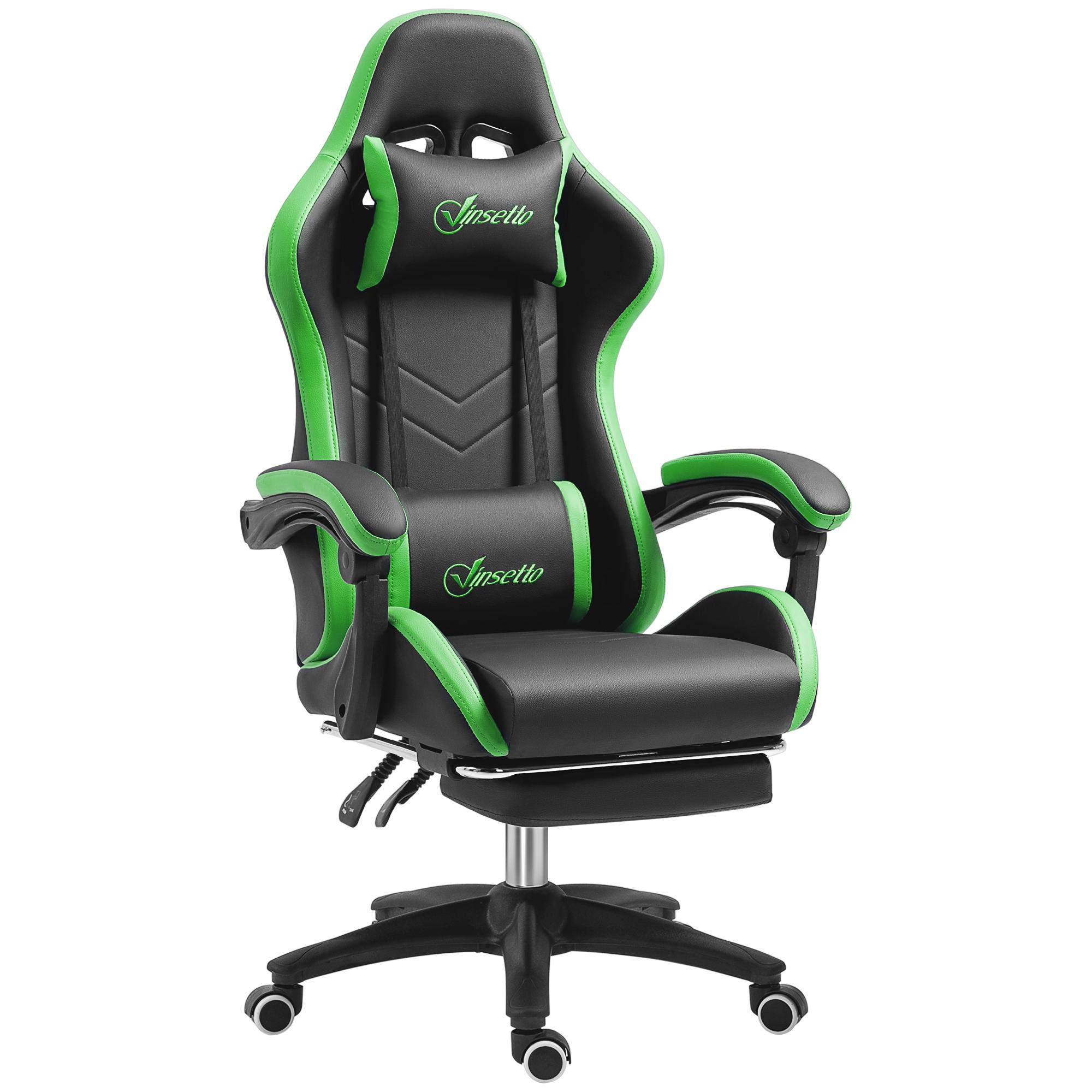 Cadeira Gaming Reclinável até 135° com Suporte Lombar Altura Ajustável Almofada de Cabeça e Apoio para os Pés Retrátil 65x65x121 - 129 cm Preto e Verde