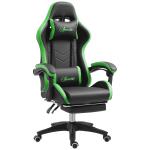 Cadeira Gaming Reclinável até 135° com Suporte Lombar Altura Ajustável Almofada de Cabeça e Apoio para os Pés Retrátil 65x65x121 - 129 cm Preto e Verde
