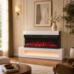 Lareira Elétrica de Parede/Independente 900/1800 W com LED 3 Lados Móvel TV até 55'' 12 Cores de Chama Comando à Distância Branca