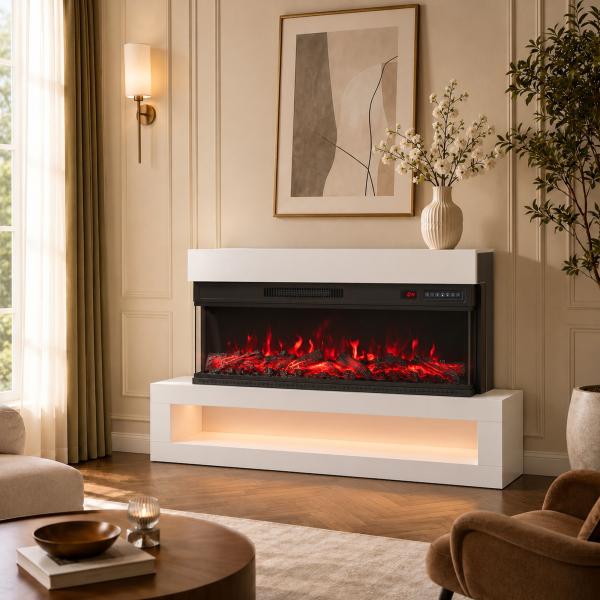 Lareira Elétrica de Parede/Independente 900/1800 W com LED 3 Lados Móvel TV até 55'' 12 Cores de Chama Comando à Distância Branca