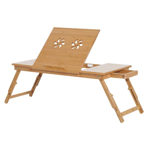 Mesa de Computador Portátil de Bambu Dobrável Reclinável e Altura Ajustável Mesa Auxiliar com1 Gaveta 72x35x22 - 30 cm Madeira