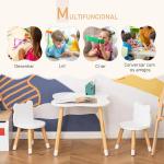 Conjunto Infantil de Mesa e 2 Cadeiras de Madeira Móveis Infantil para Sala de Jogos Dormitório de Crianças Mesa 56x56x50cm e Cadeira 28x25x46cm Branco