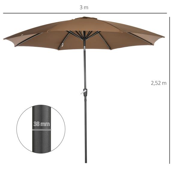 Chapéu de Sol a Manivela com Teto Inclinável e 8 Hastes de Metal para Pátio Varanda Exterior Ø300x240 cm Marrom