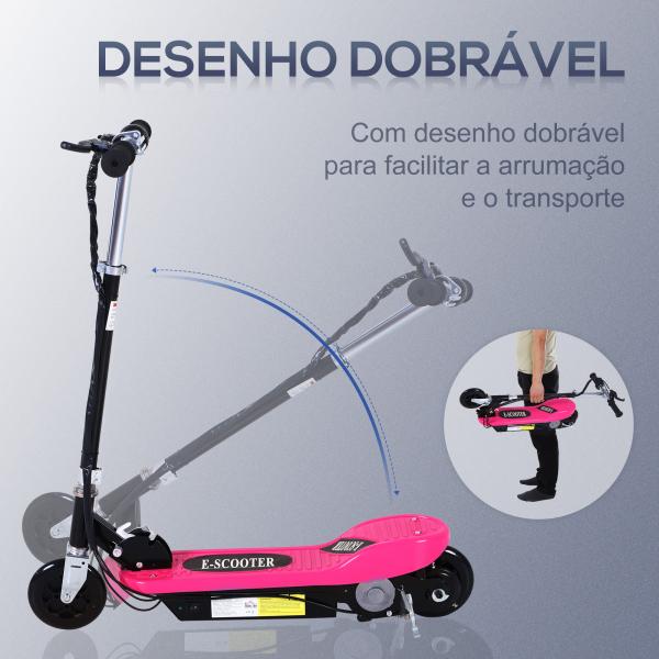 Trotinete Elétrica Dobrável para Crianças e Adolescentes acima de 7 Anos Velocidade de 10km/h Trotinete Elétrica com Guiador Ajustável e Freios Carga Máxima 50kg 78x37x89 - 95cm Rosa