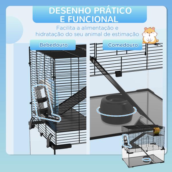 Gaiola para Hamster com Fundo de Vidro Plataformas Comedouro Bebedouro Casa Rampas e Roda de Exercício 60x40x54,5 cm Preto