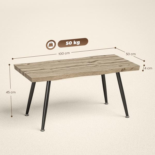 Mesa de Centro Moderna com Tampo Espesso de 4 cm, Pés de Aço, 100x50x45 cm, Carvalho