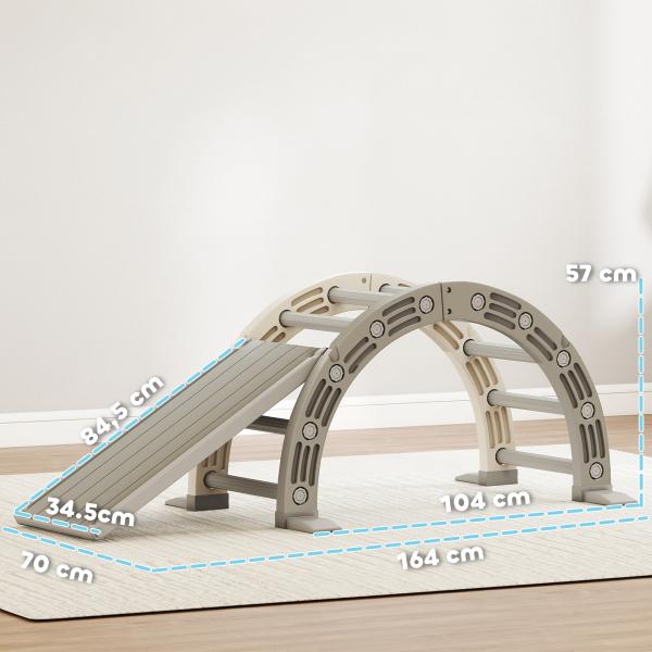Escalada para Crianças de 18 - 48 Meses 4 em 1 com Arco de Escalada Baloiço Rampa e Escorrega 164x70x57 cm Cinza e Branco