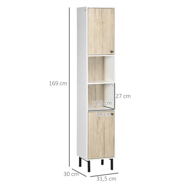 Coluna Casa de Banho Armário Alto Auxiliar de Casa de Banho com 2 Portas e 6 Prateleiras 31,5x30x169 cm Branco e Carvalho