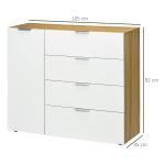 Aparador de Sala de Estar com 4 Gavetas de Alto Brilho Porta e Prateleiras Ajustáveis 105x35x92 cm Branco e Madeira