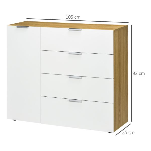 Aparador de Sala de Estar com 4 Gavetas de Alto Brilho Porta e Prateleiras Ajustáveis 105x35x92 cm Branco e Madeira