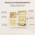 Espelho Joalheiro de Parede Armário para Jóias com Fechadura e Vários Compartimentos para Colares Anéis Pulseiras Branco e Creme