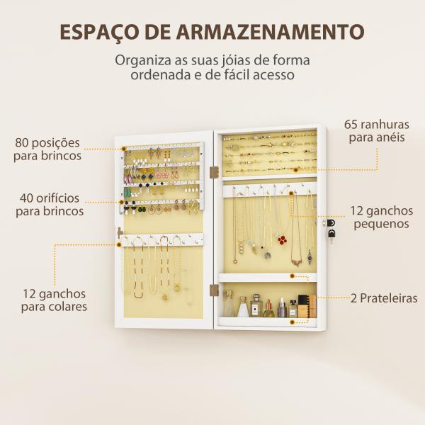 Espelho Joalheiro de Parede Armário para Jóias com Fechadura e Vários Compartimentos para Colares Anéis Pulseiras Branco e Creme