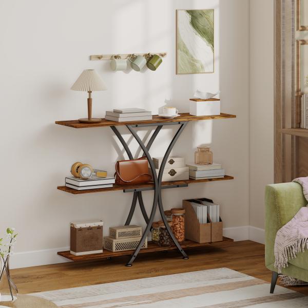 Mesa Consola de 3 Níveis Estilo Industrial com 2 Prateleiras Abertas e Estrutura Metálica em X Consola Estreita 110x30x91 cm Castanho Rústico