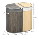 Cesto de Roupa de Bambu Capacidade de 100L com Tampa Rebatível e 2 Compartimentos 62,5x37x60,5cm Cinza e Madeira